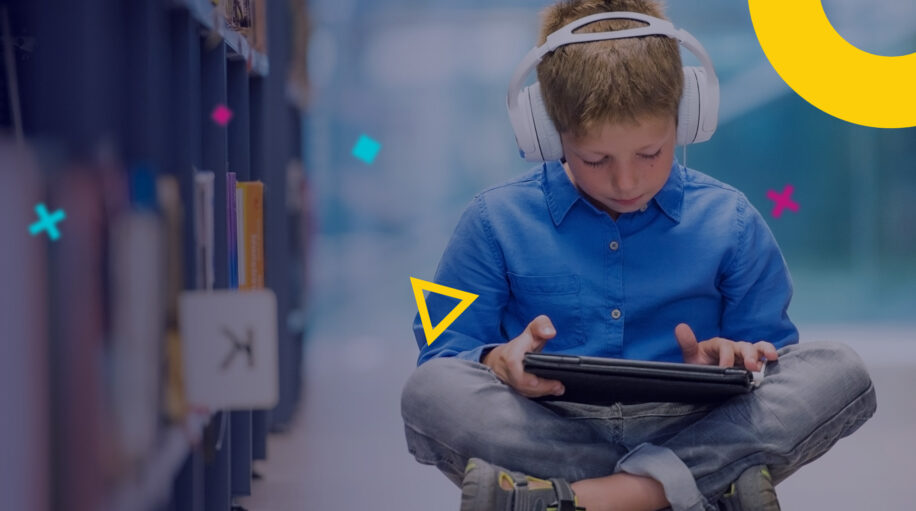 Young student with earphones and tablet